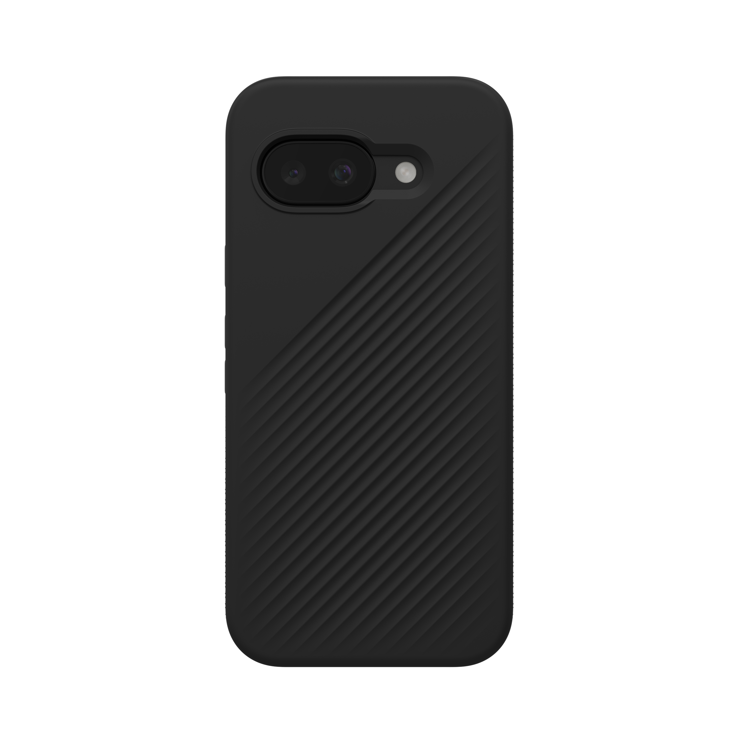 De afbeelding toont een zwarte telefoonhoes met een gestructureerde achterkant en een uitsparing voor de camera.