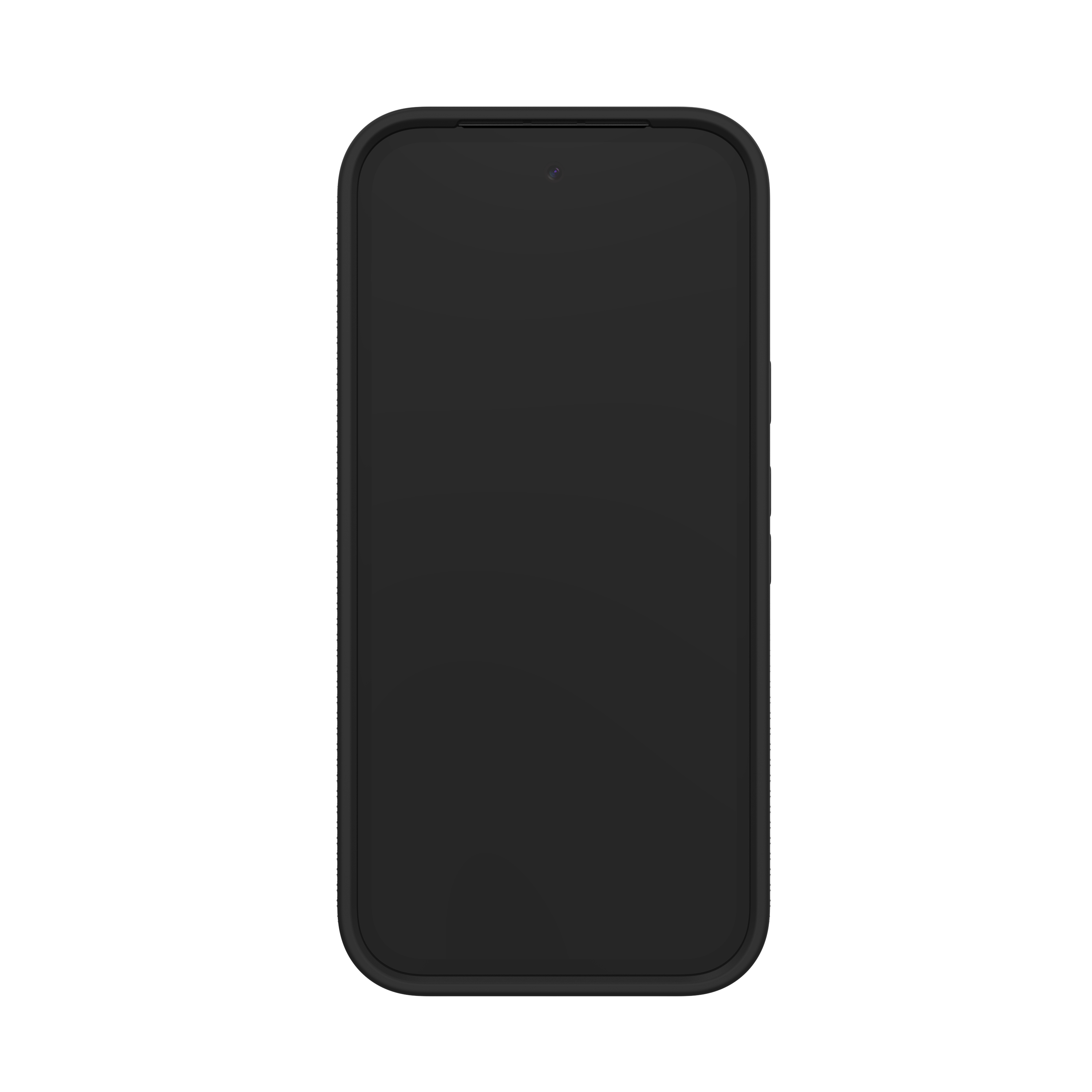 De afbeelding toont een zwarte telefoonhoes, die het scherm van de telefoon bedekt, met de zijknoppen zichtbaar.