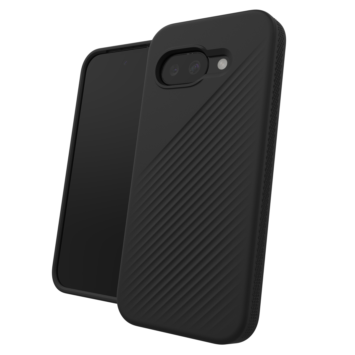 De afbeelding toont een zwarte telefoonhoes met een gestructureerde achterkant, geplaatst naast een andere telefoon.