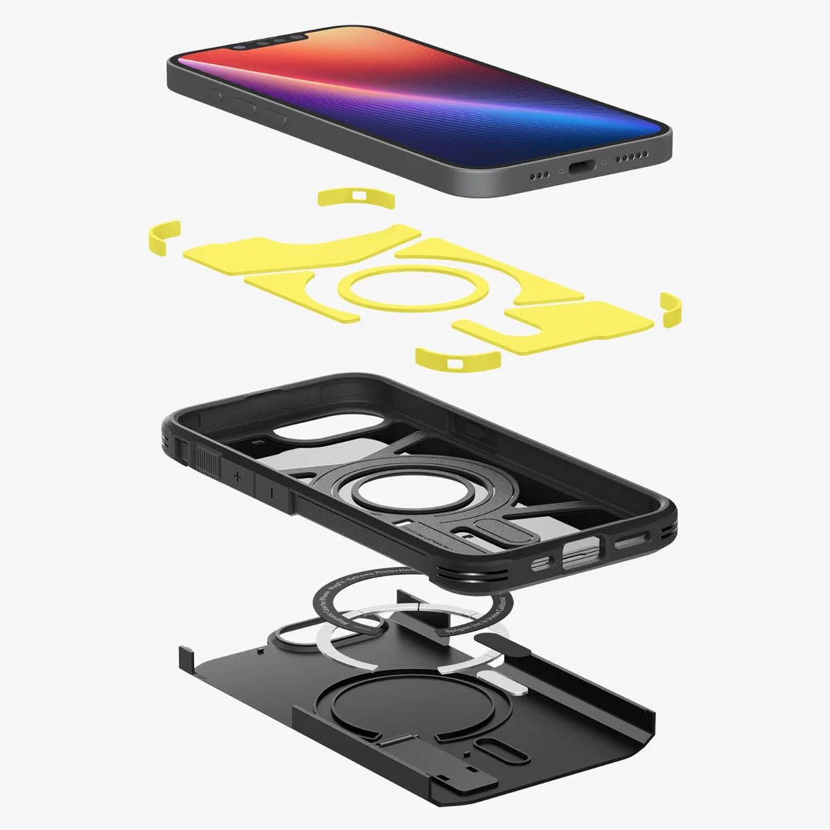 Das Bild zeigt zerlegte Schichten einer schwarzen Handyhülle mit gelben Komponenten und einem Telefon oben drauf.