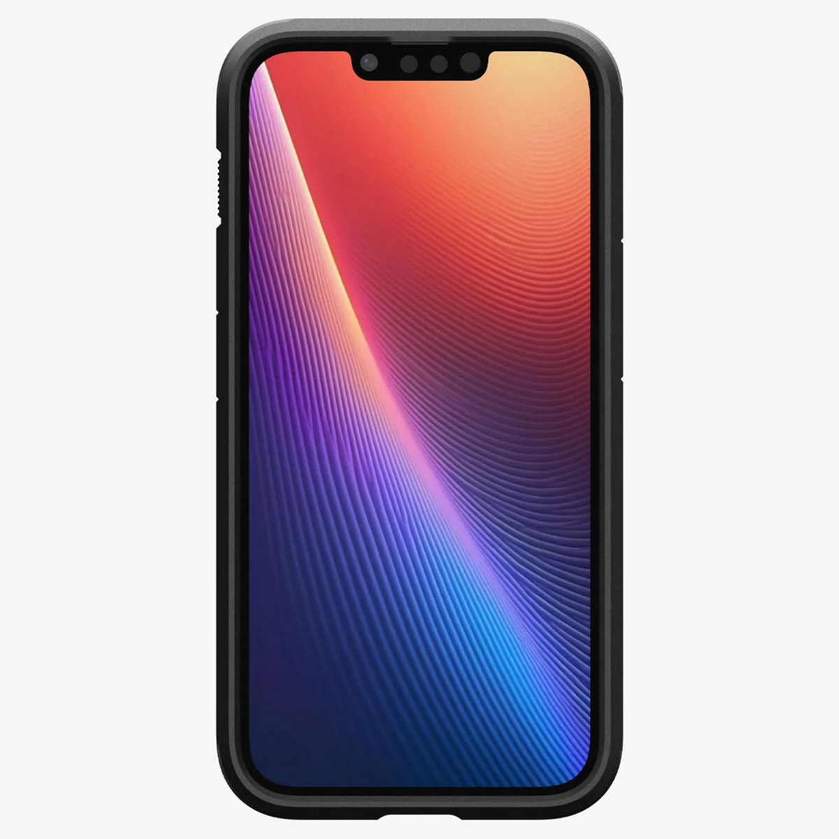Ein Telefon mit schwarzer Hülle zeigt ein farbenfrohes, abstraktes Tapetendesign.