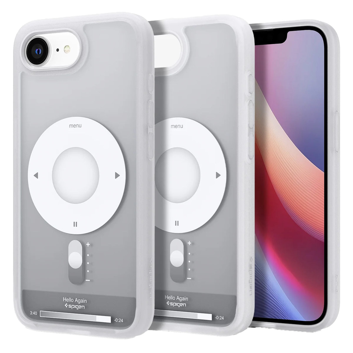 Une coque de téléphone imite un iPod, avec un design de contrôle classique sur une coque transparente.