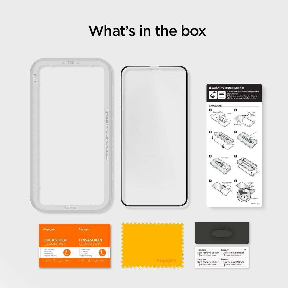 A phone screen protector kit, including wipes, stickers, and installation guide.