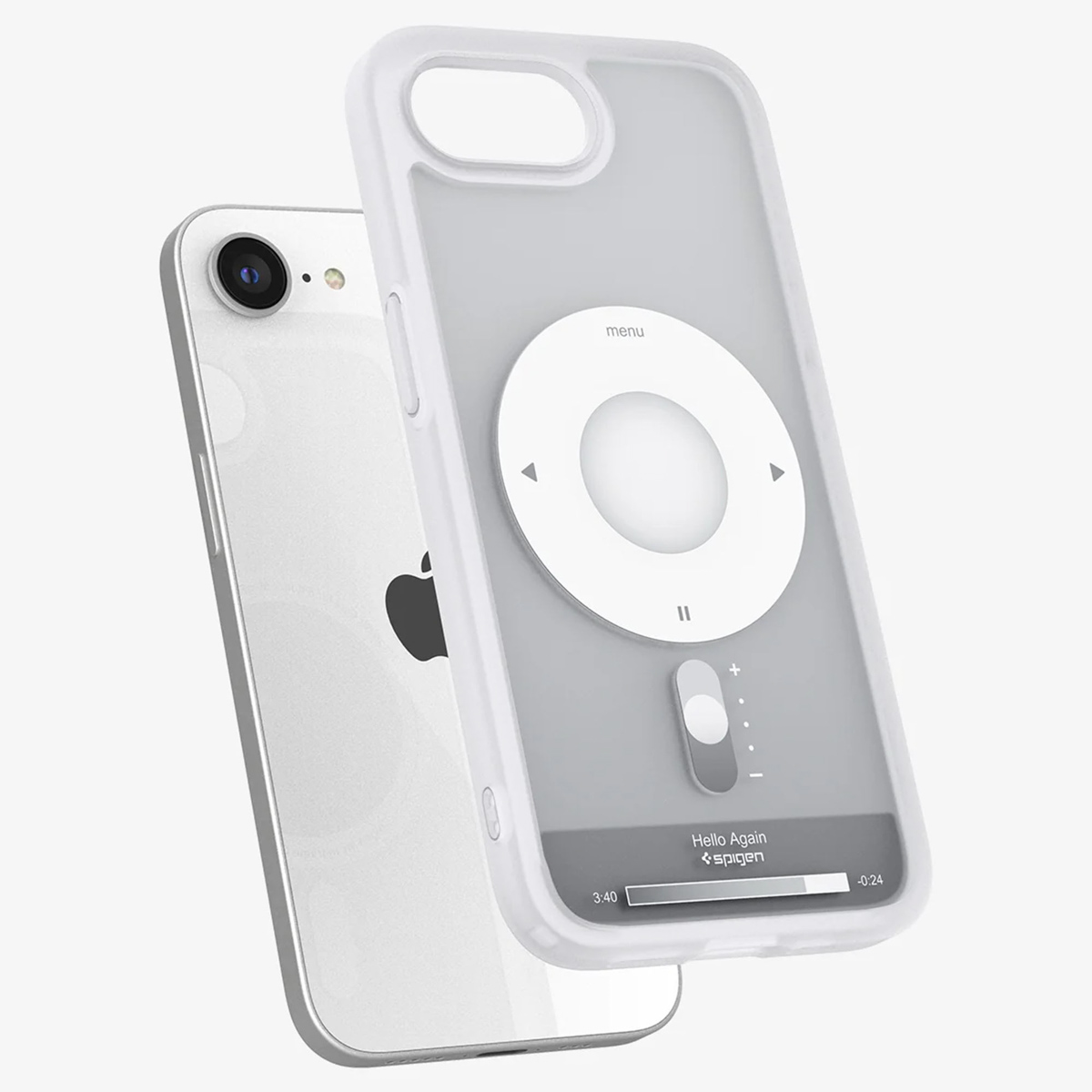 Un téléphone avec une coque transparente qui imite un iPod à côté d'un téléphone avec un logo Apple.