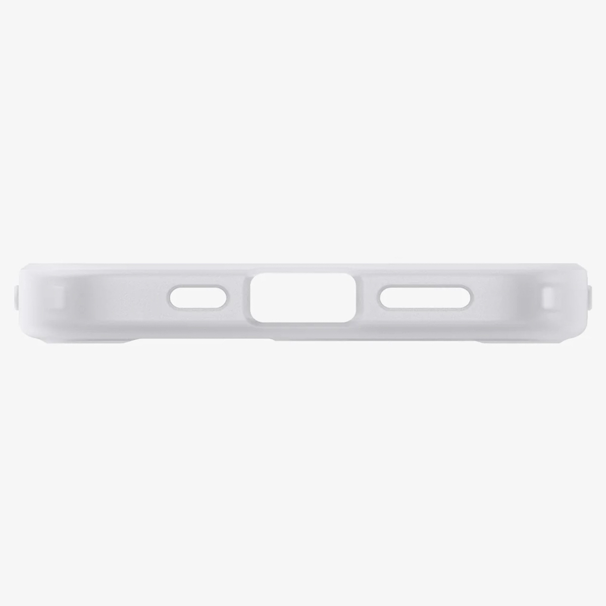 Une coque de téléphone blanche avec des découpes pour les ports et les haut-parleurs, vue de côté.