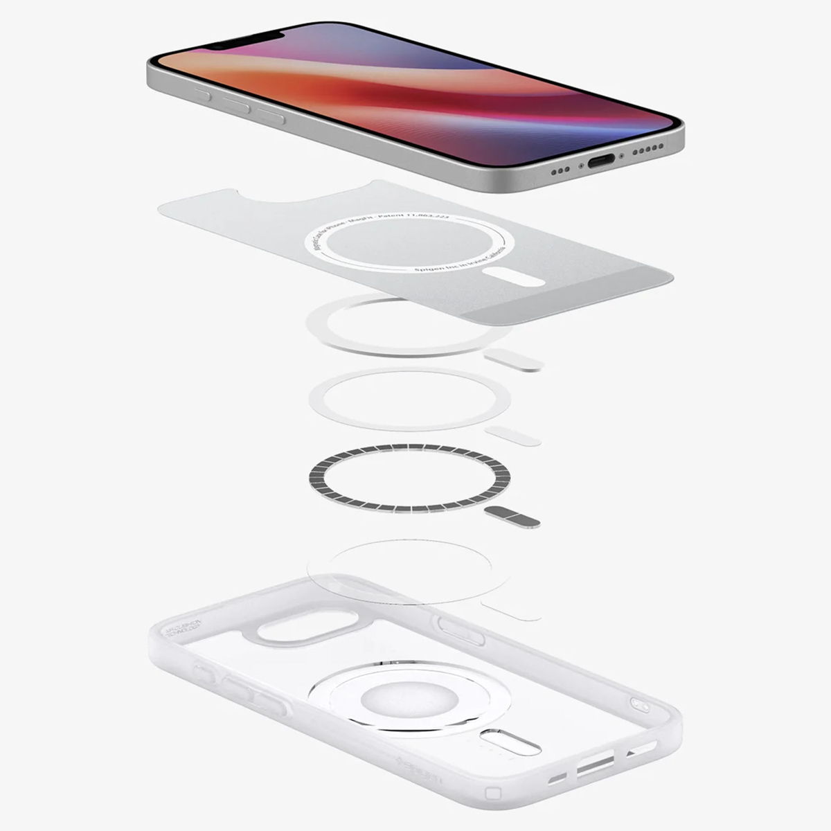 Vue éclatée d'une coque de téléphone montrant les couches : téléphone, composants de la coque et coque extérieure.