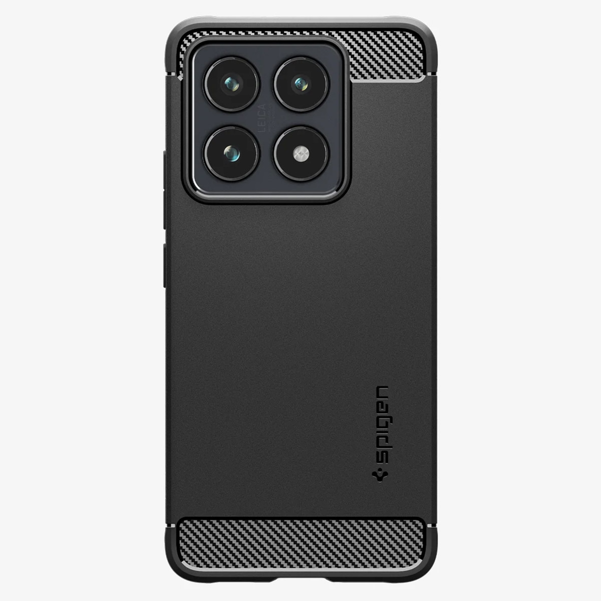 Czarne etui na telefon z wzorem z włókna węglowego i aparatem z czterema obiektywami.