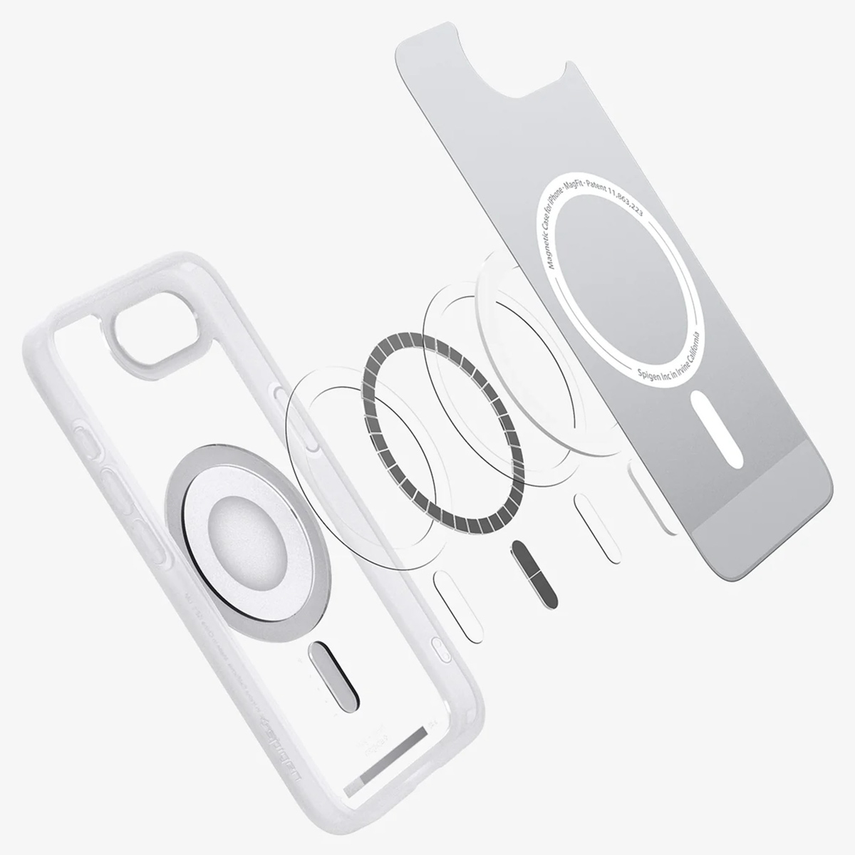 Vue éclatée d'une coque de téléphone avec des composants MagSafe sur un fond blanc.
