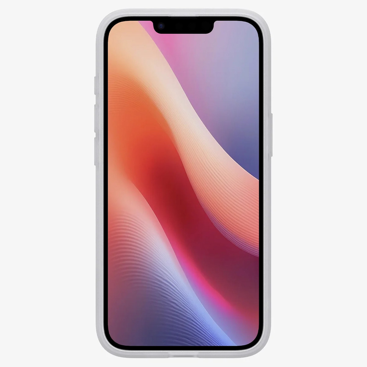 Un téléphone dans une coque blanche affichant un fond d'écran coloré et abstrait.