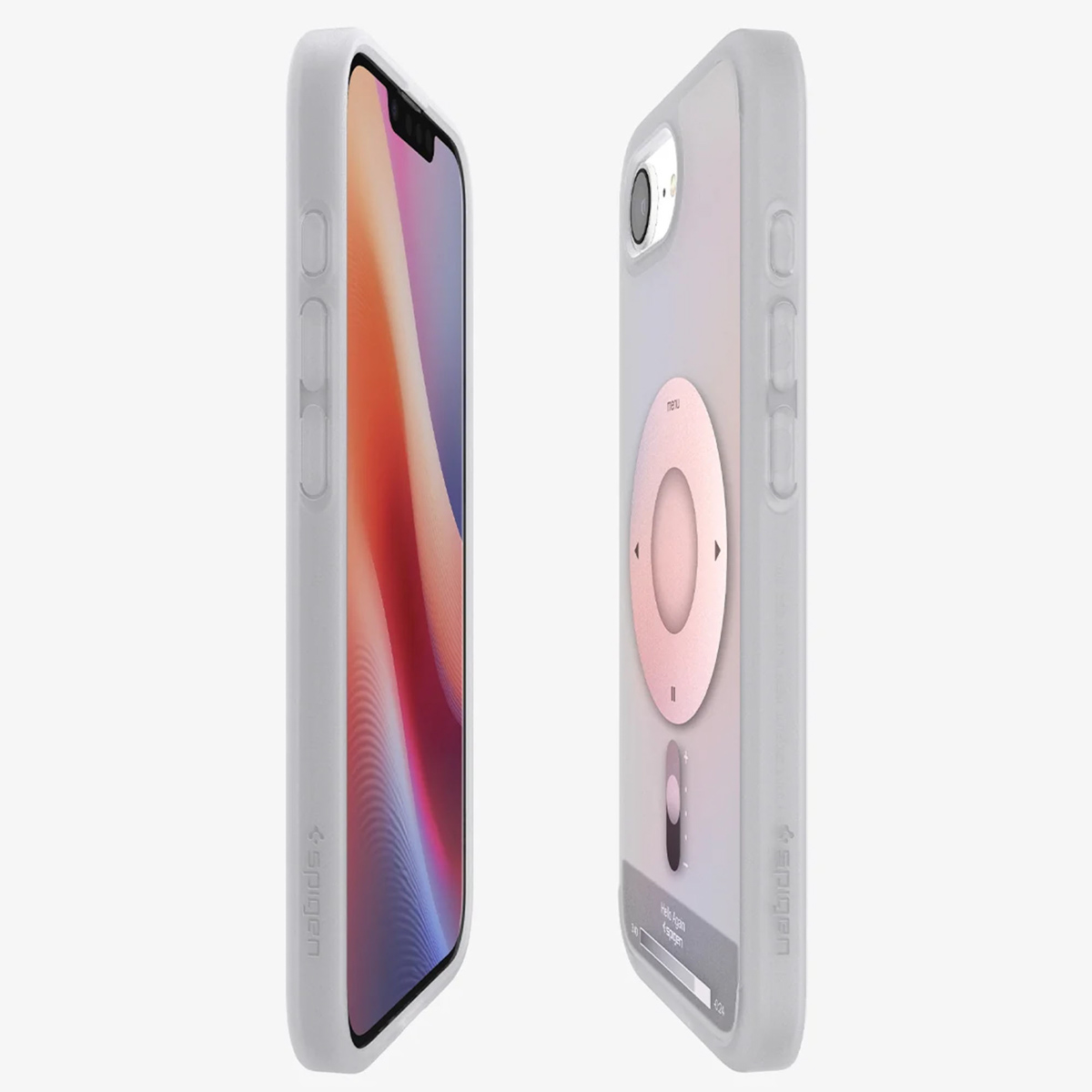 Deux téléphones dans des coques gris clair, un avec un écran coloré et un avec un design rétro.