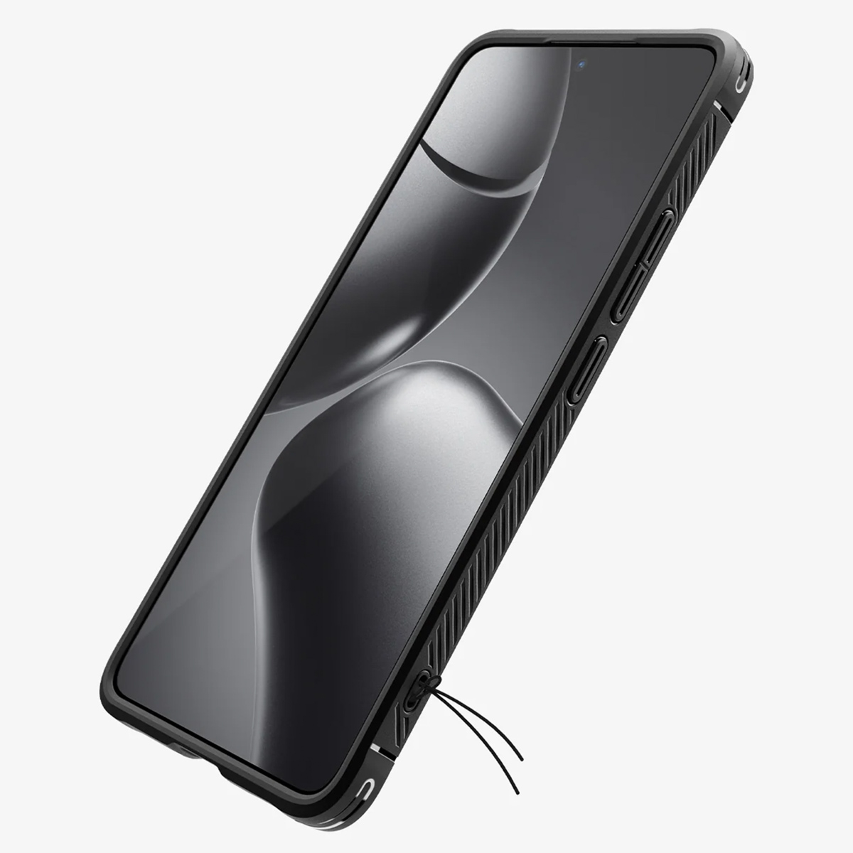 Czarne etui na telefon z abstrakcyjnym wzorem na ekranie, sfotografowane pod kątem.