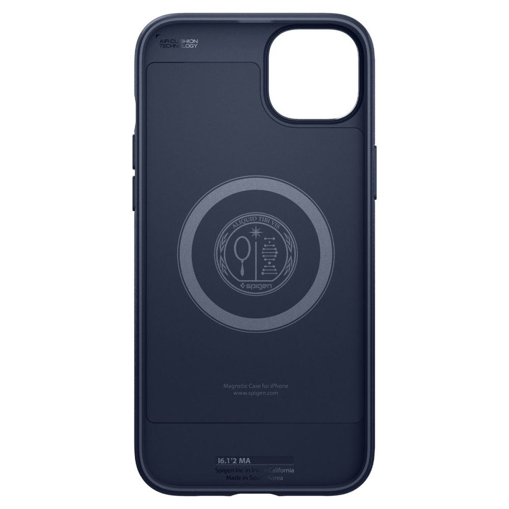 Marineblaue iPhone-Hülle, Rückansicht mit Spigen-Logo, kreisförmigem Design und Magnetring.