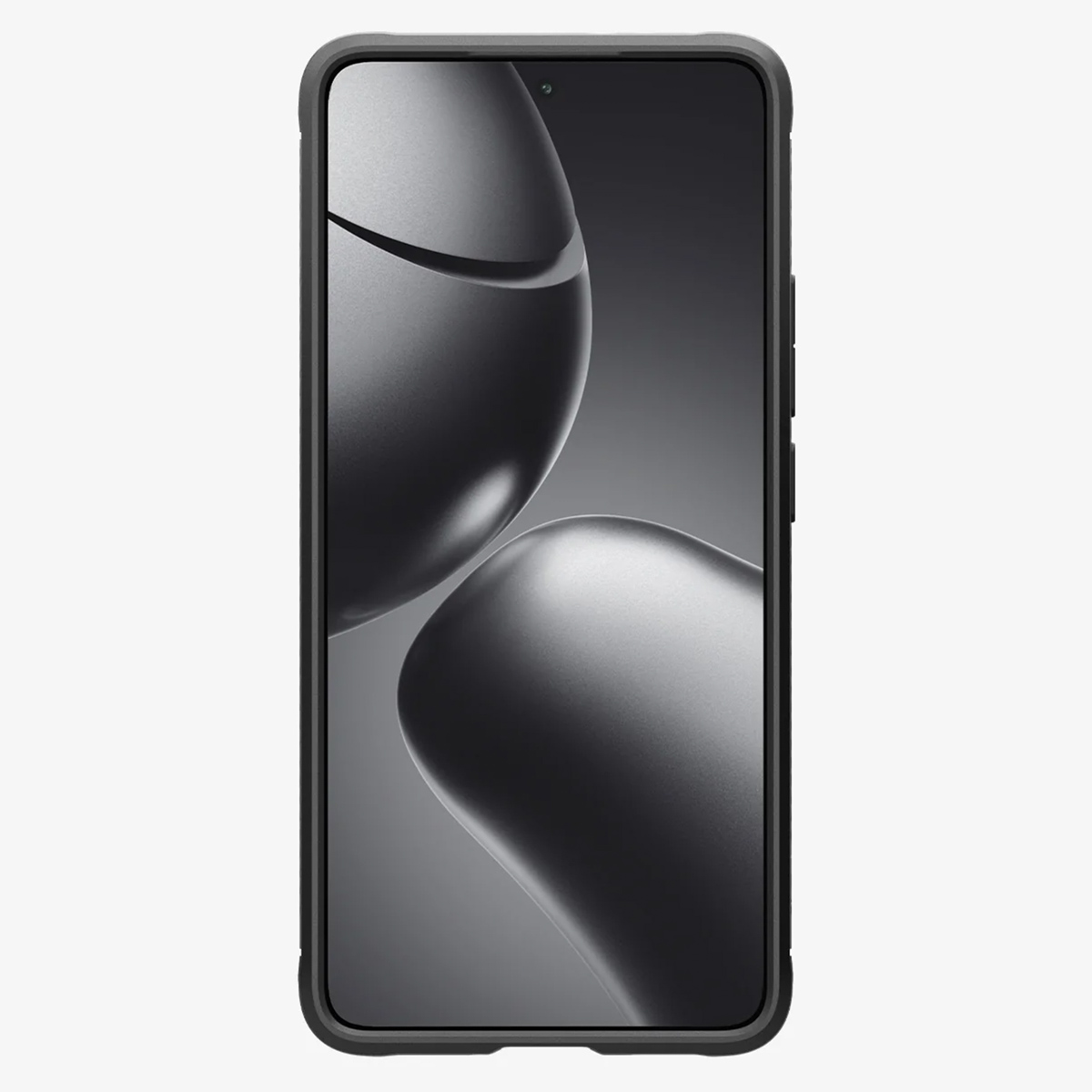 Smartfon w czarnym etui ochronnym wyświetla szary abstrakcyjny wzór tapety.