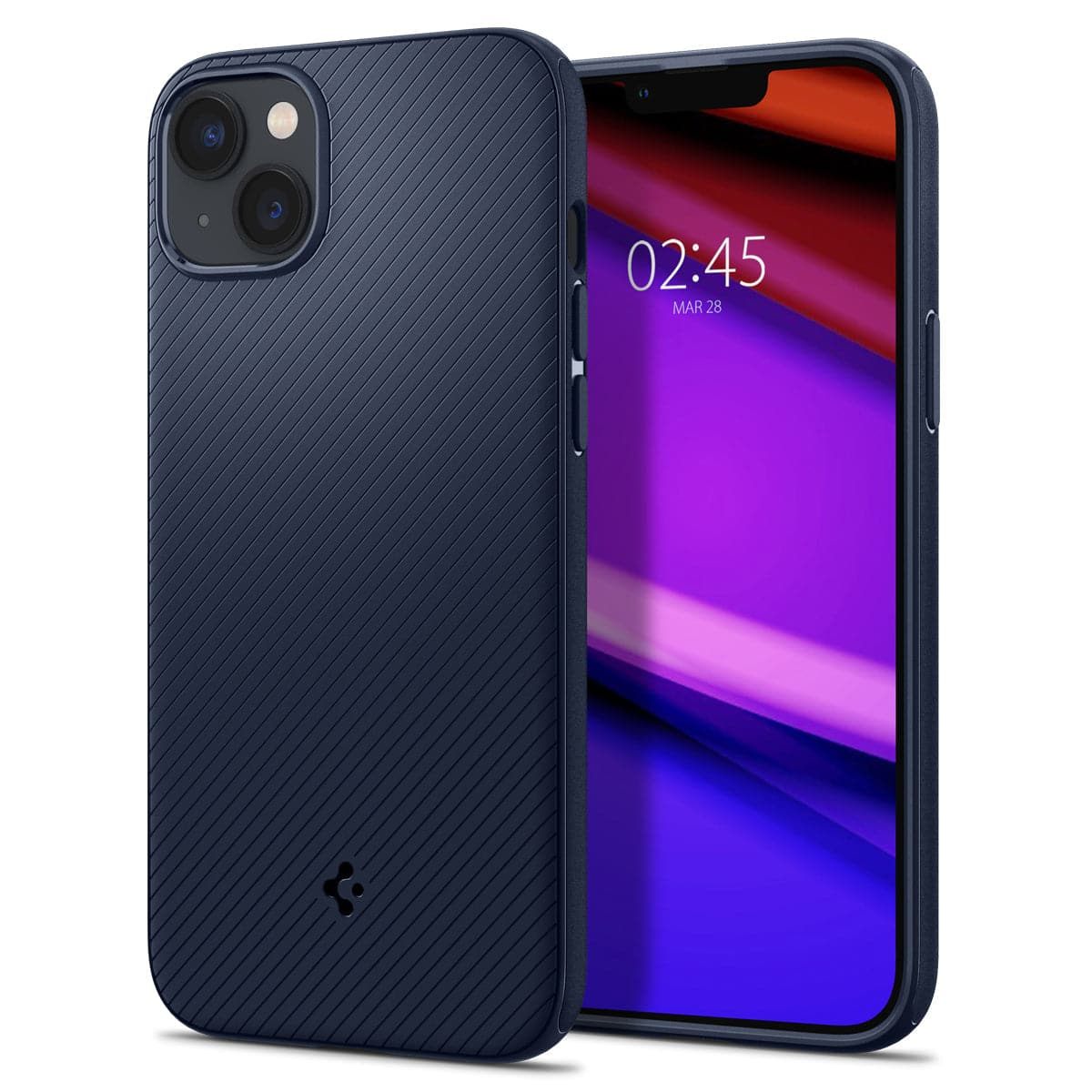Dunkelblaue Handyhülle mit strukturierter Rückseite, gepaart mit einem Handy, das einen leuchtend lila Bildschirm anzeigt.
