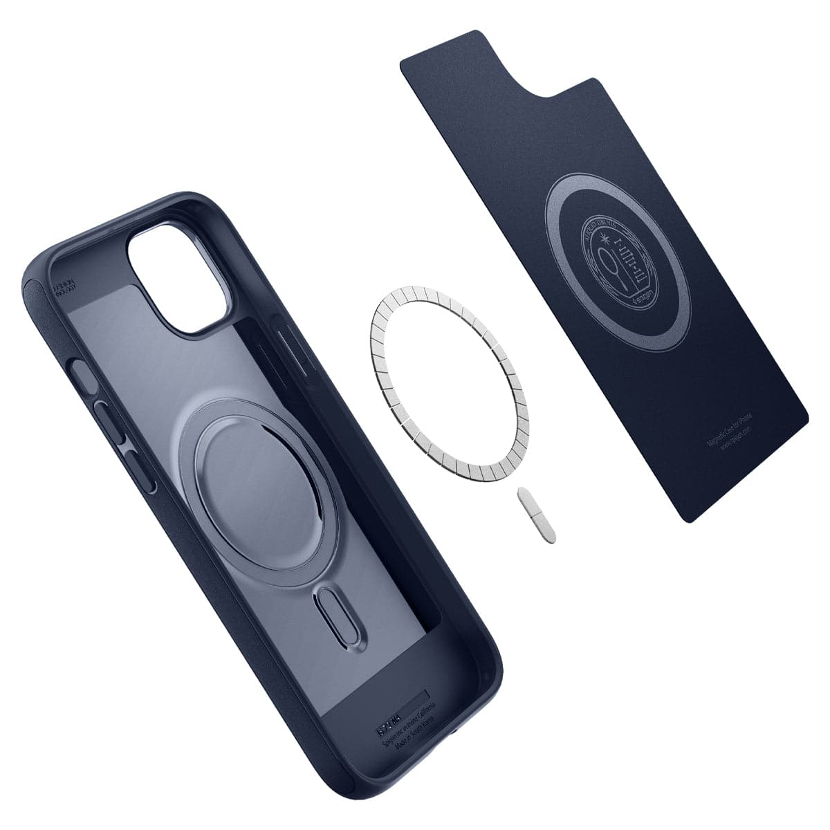 Zerlegte marineblaue Handyhülle mit Magnetring, die ihre Komponenten und Designdetails zeigt.