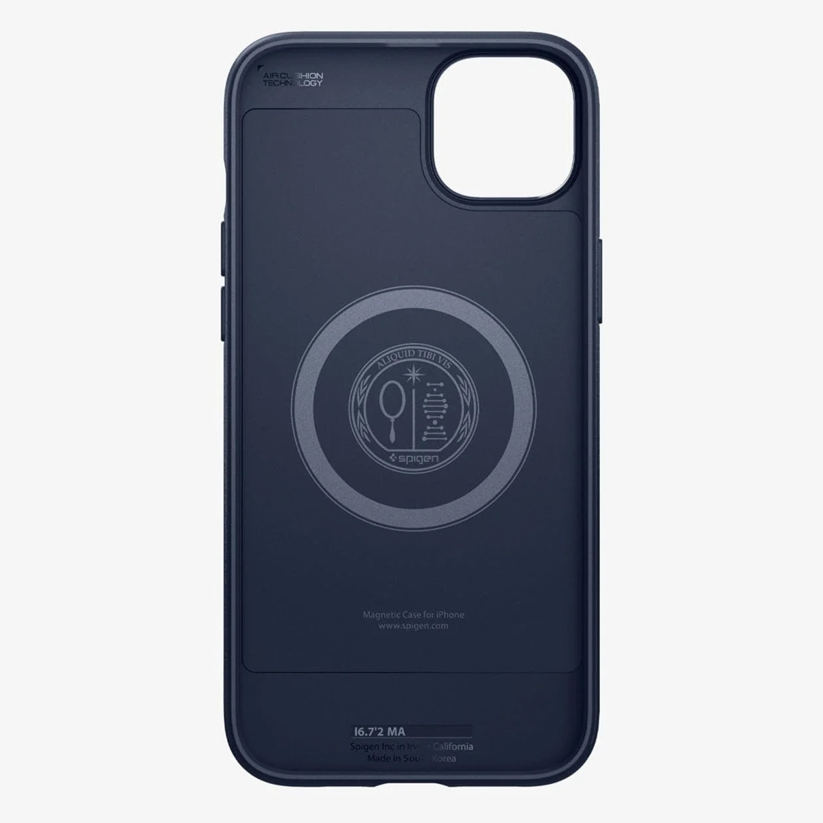 Marineblaue Handyhülle, Rückansicht mit Spigen-Logo und Magnetring, für iPhone-Modelle entwickelt.