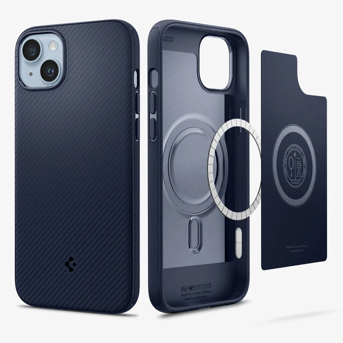 Marineblaue Handyhülle mit Magnetring, zerlegt, um Komponenten und Design für iPhone-Modelle zu zeigen.