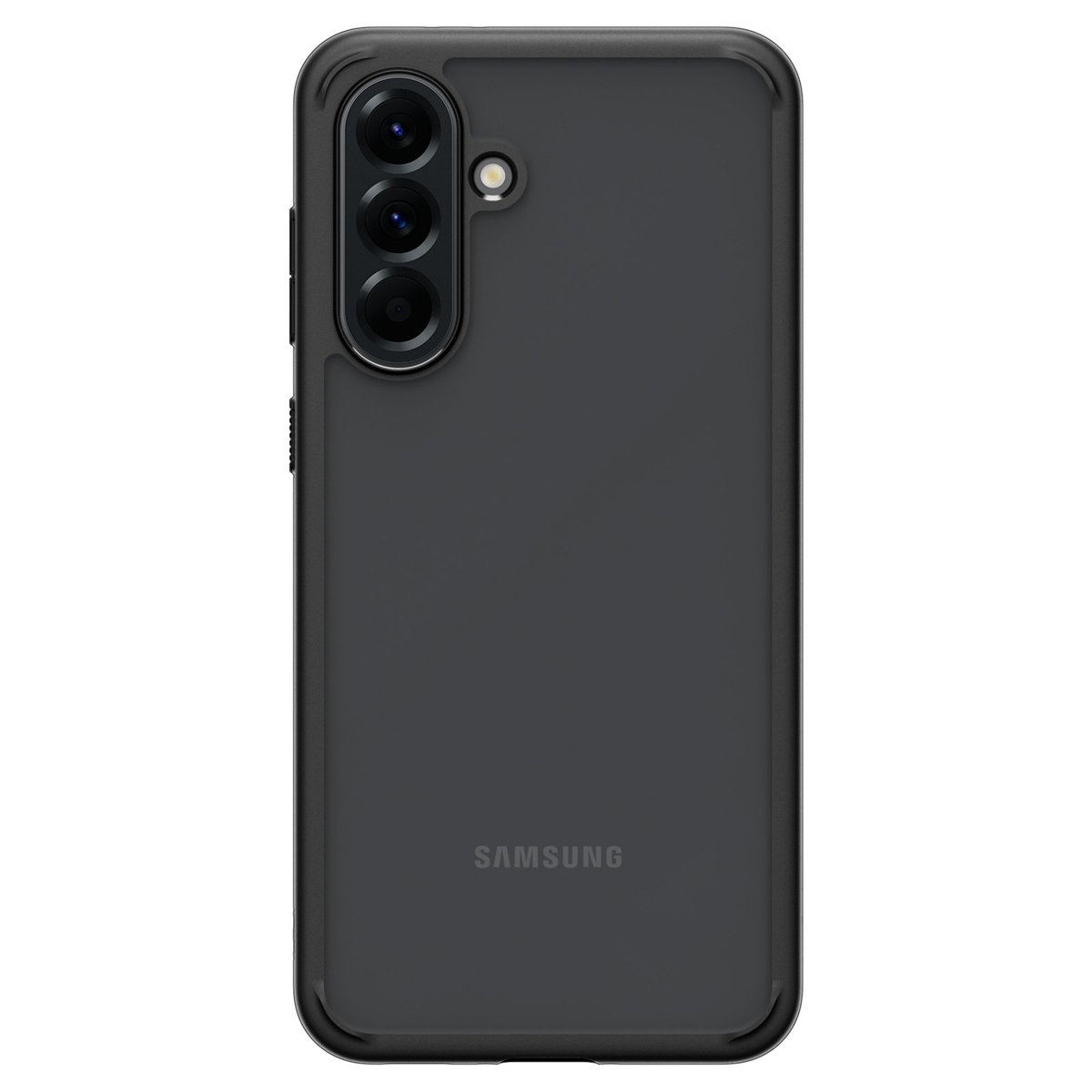 L'immagine mostra una custodia nera per telefono Samsung con una configurazione a tripla fotocamera e il logo Samsung.