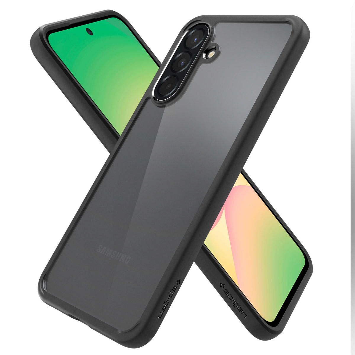 Due telefoni in custodie nere sono visualizzati su uno sfondo bianco, incrociati tra loro.