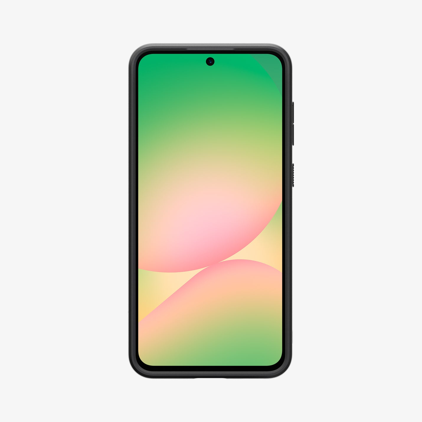 Viene visualizzato un telefono con una custodia nera e uno schermo verde, giallo e rosa.