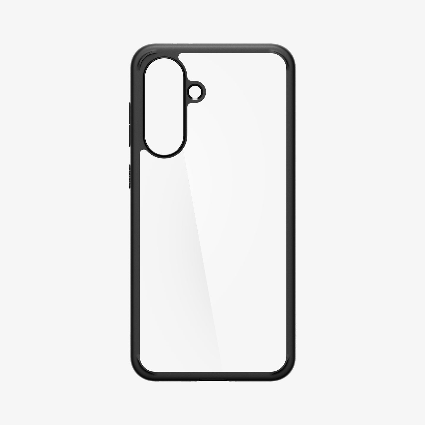 Una custodia per telefono con bordo nero e retro trasparente viene visualizzata su uno sfondo bianco.