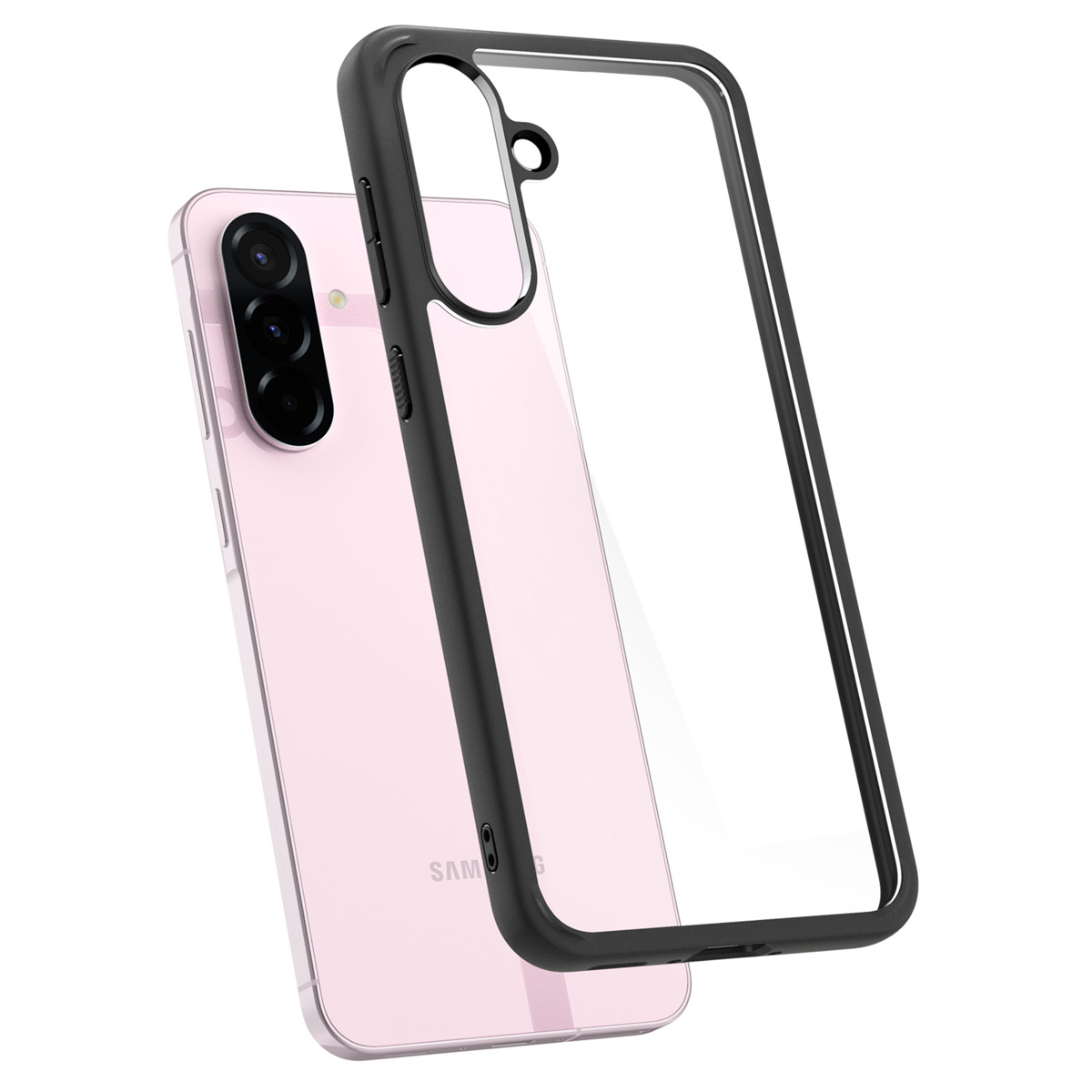Una custodia per telefono con bordo nero e retro trasparente viene visualizzata con un telefono rosa su uno sfondo bianco.