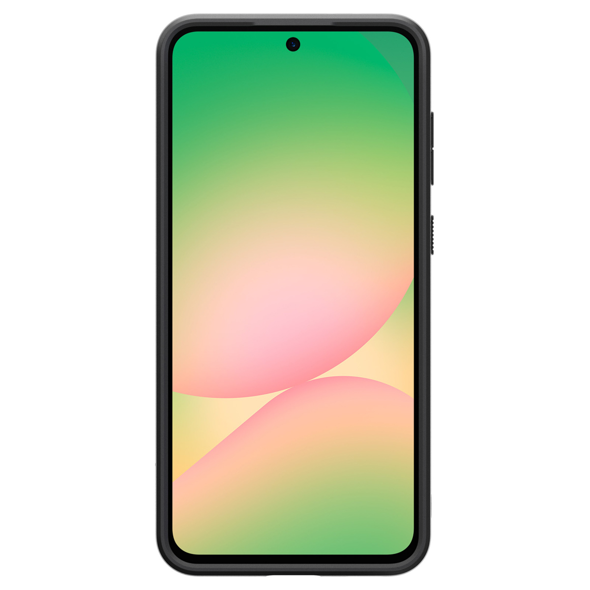 Uno smartphone con uno schermo a gradiente colorato viene visualizzato in una custodia nera.