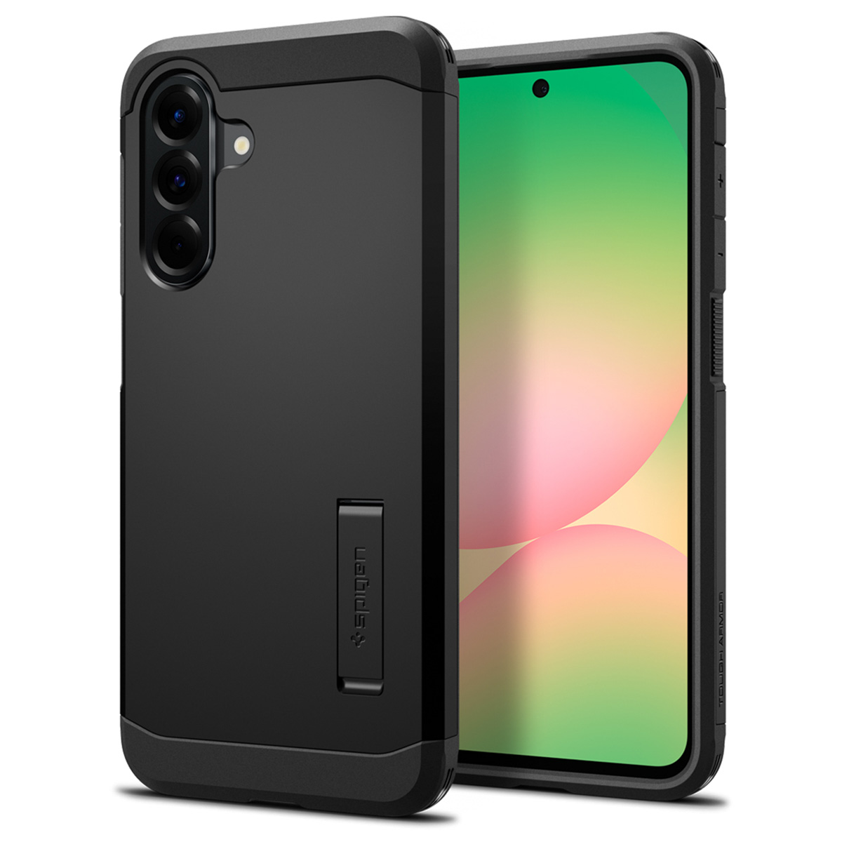 Een zwarte telefoonhoes staat naast een telefoon, met een scherm met een kleurrijke achtergrond, beide rechtop op een wit oppervlak.