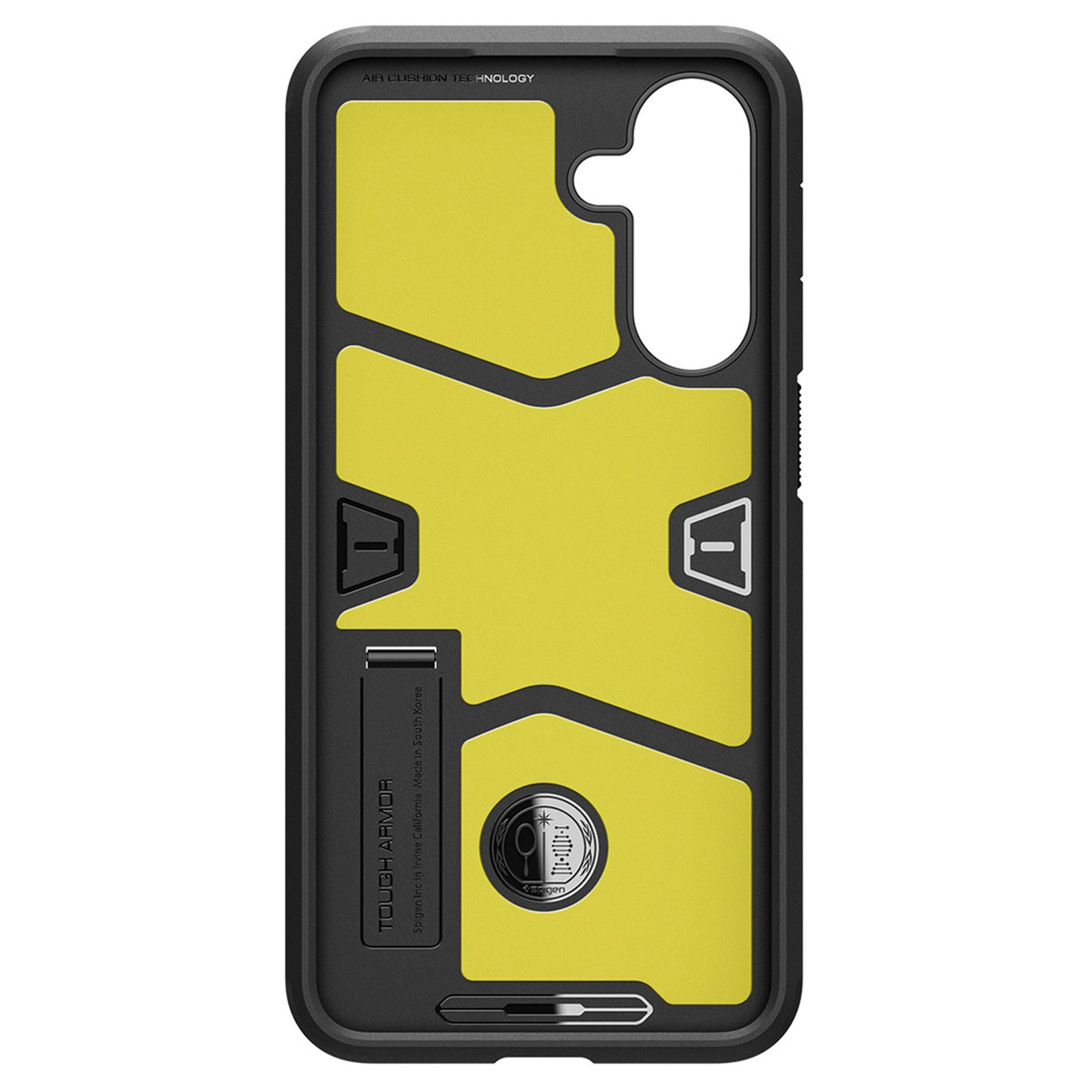 Una custodia per telefono gialla e nera con un design geometrico e le parole "TOUGH ARMOR" in basso a sinistra.