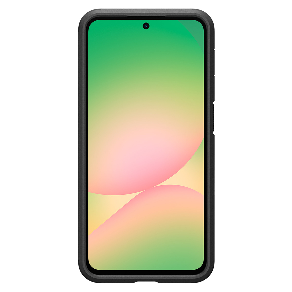 Een zwarte telefoonhoes omringt een telefoon met een groene en roze achtergrond, weergegeven op een wit oppervlak.