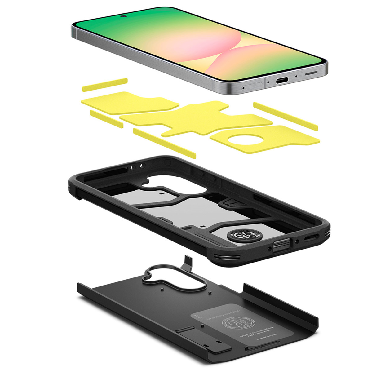 Geëxplodeerde weergave van een telefoonhoes met telefoon, interne gele vulling, frame van de hoes en standaard op een witte achtergrond.
