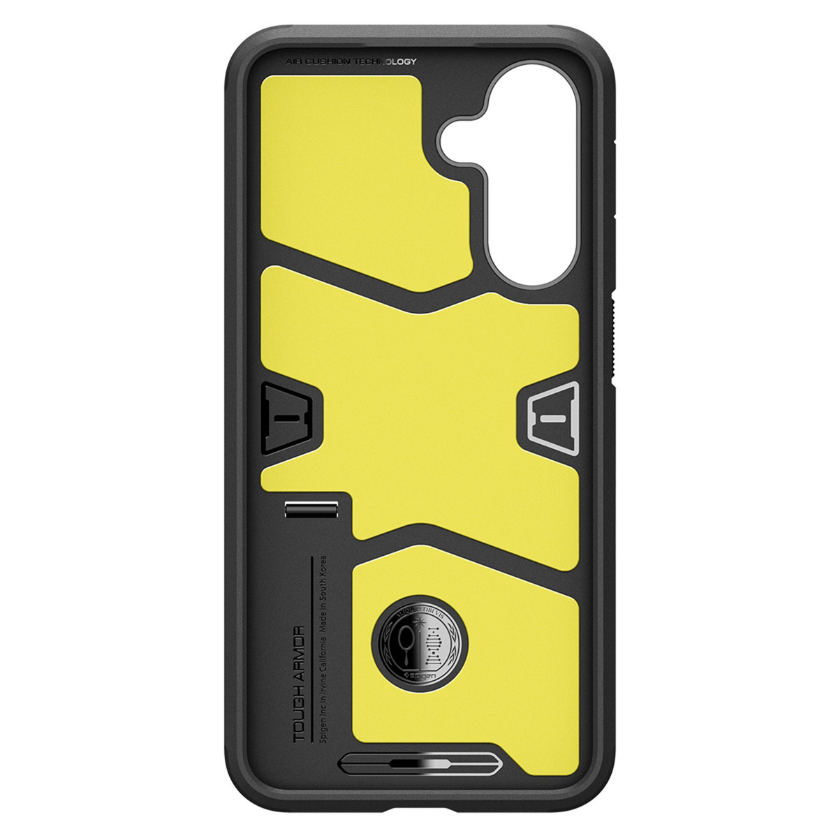 Een geel en zwart telefoonhoesje met geometrische uitsparingen en de woorden "TOUGH ARMOR" linksonder.