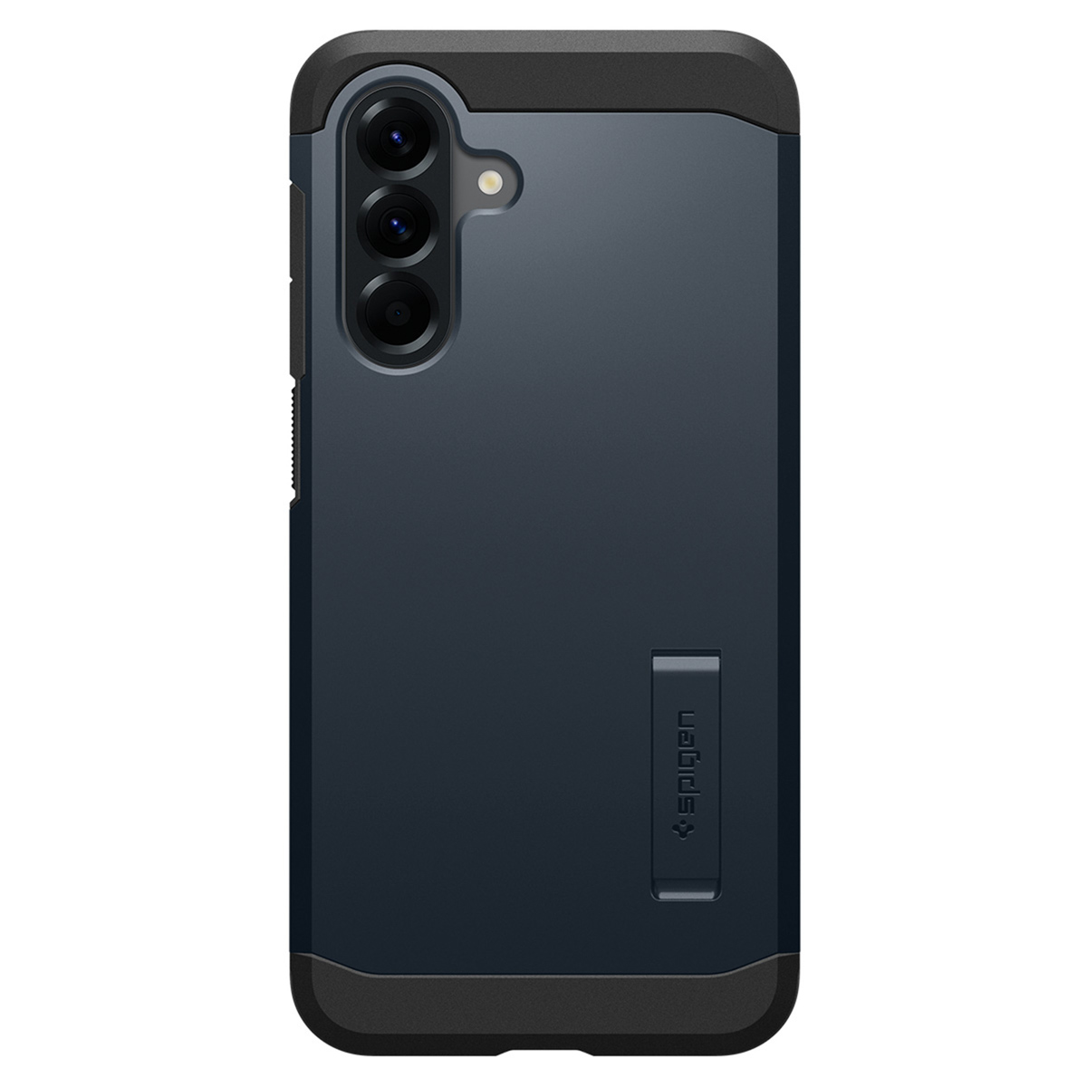 Una custodia blu scuro per telefono con un cavalletto viene visualizzata su uno sfondo bianco.