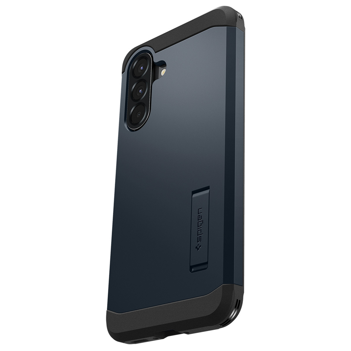 Una custodia per telefono blu scuro con dettagli neri, con una configurazione della fotocamera e un cavalletto.