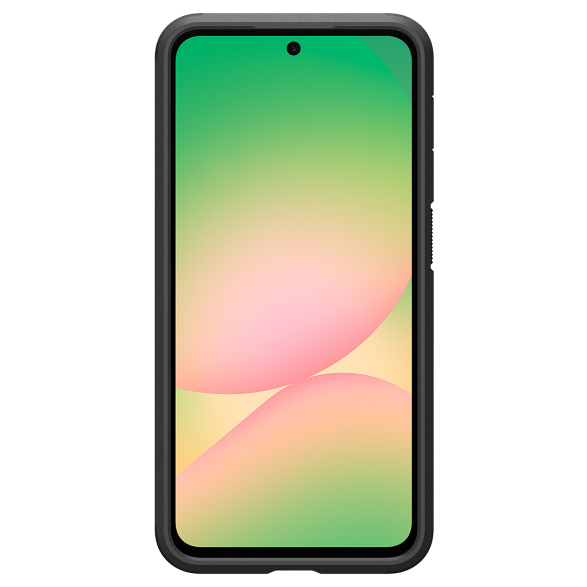 Uno smartphone in una custodia nera mostra uno sfondo colorato sfumato sul suo schermo.