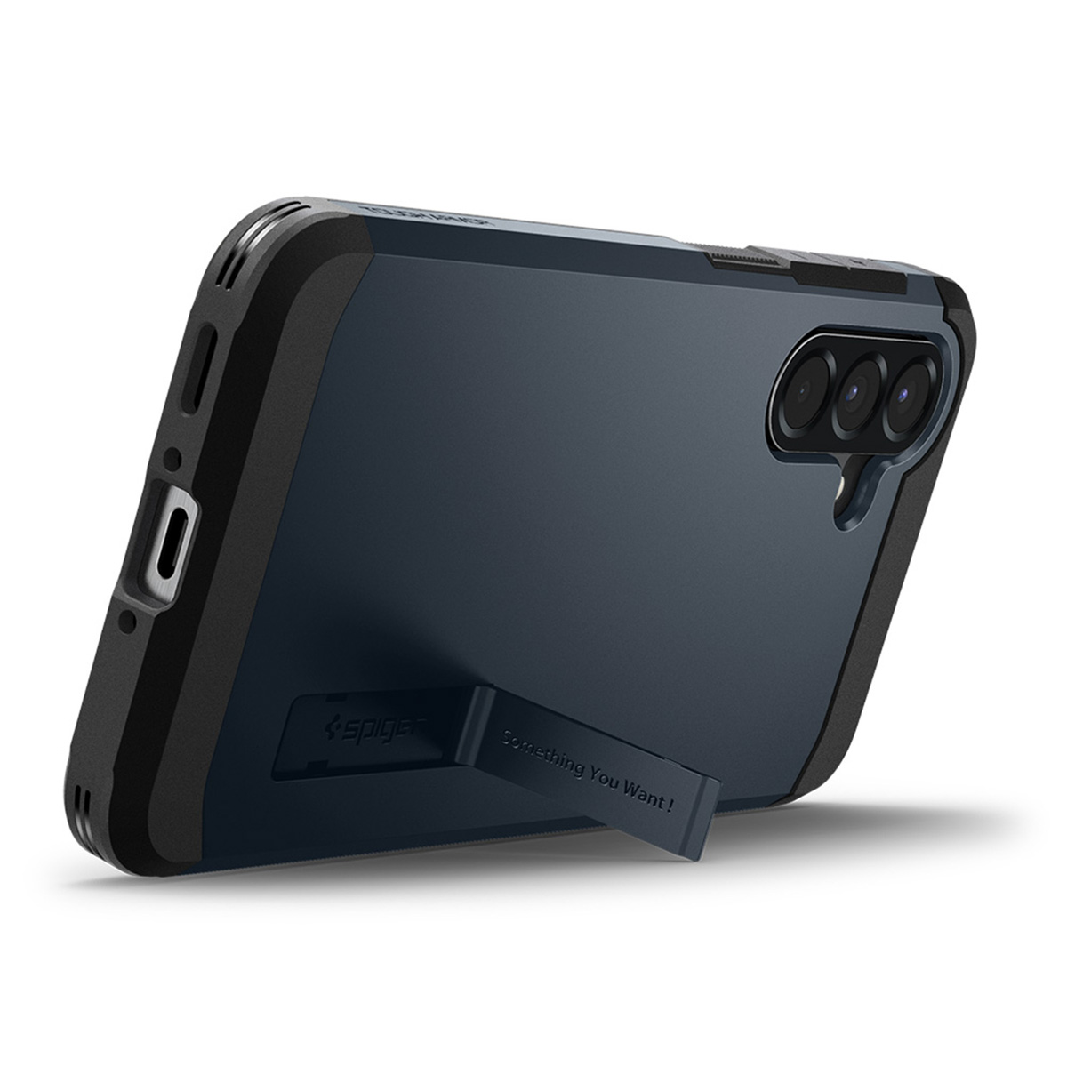 Custodia per telefono blu scuro con cavalletto esteso, che mostra la configurazione della fotocamera e i ritagli delle porte.