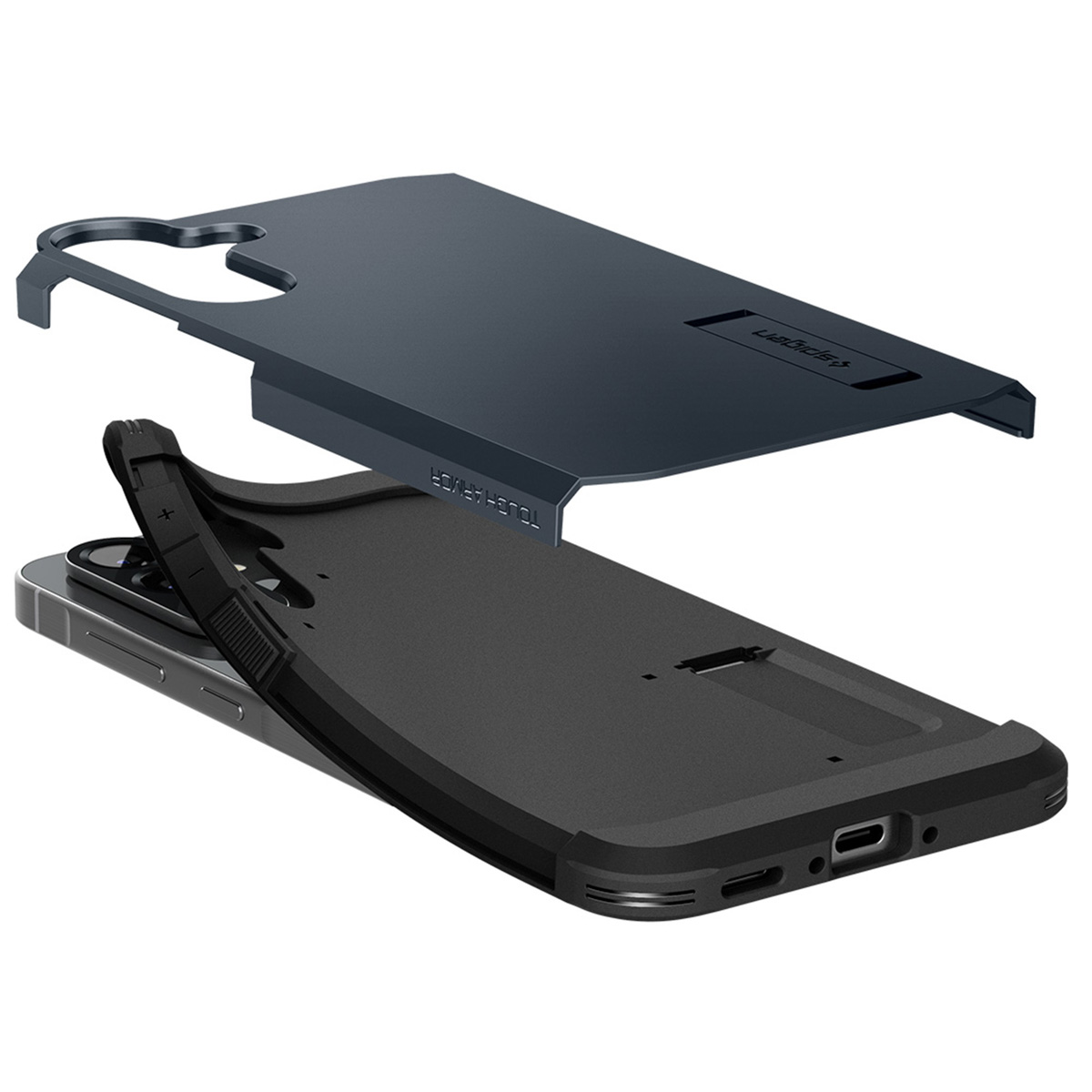Un telefono con una custodia nera e una copertura protettiva blu, parzialmente smontato.