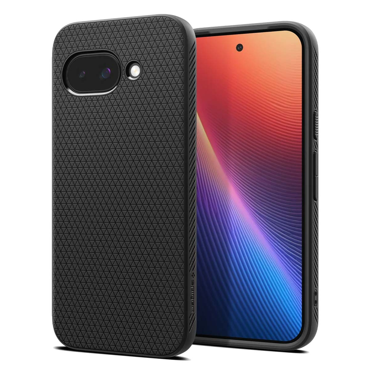 Een zwarte telefoonhoes wordt naast een telefoon weergegeven. Op het scherm van de telefoon worden kleurrijke lijnen weergegeven.