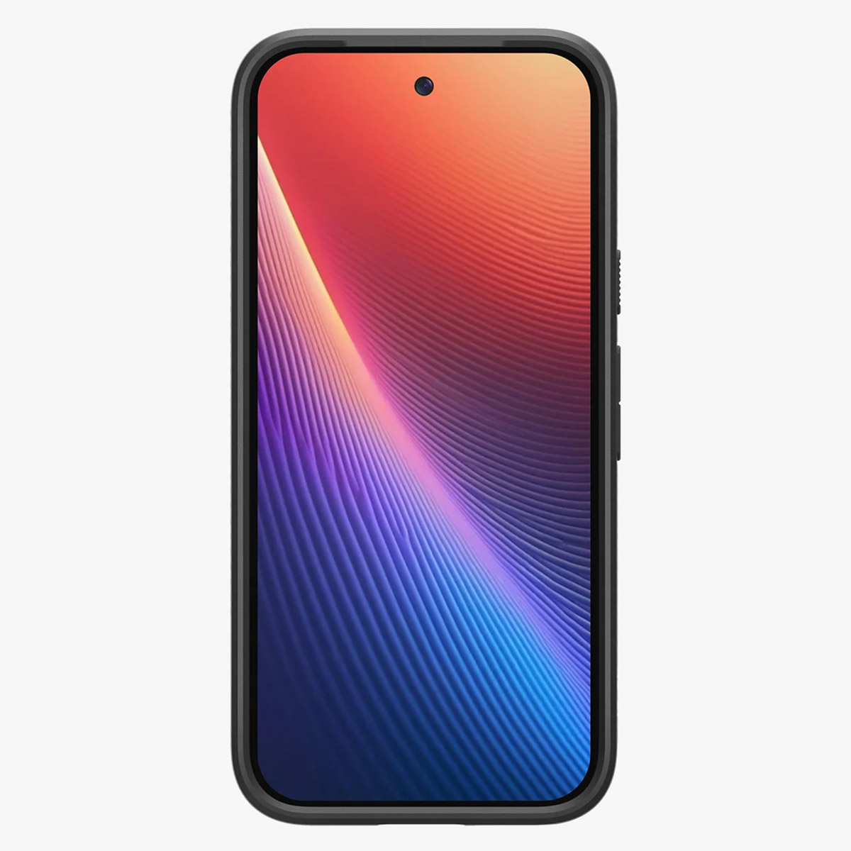 Een telefoon met een zwarte hoes toont een kleurrijke achtergrond, gecentreerd op een witte achtergrond, met zichtbare knoppen.