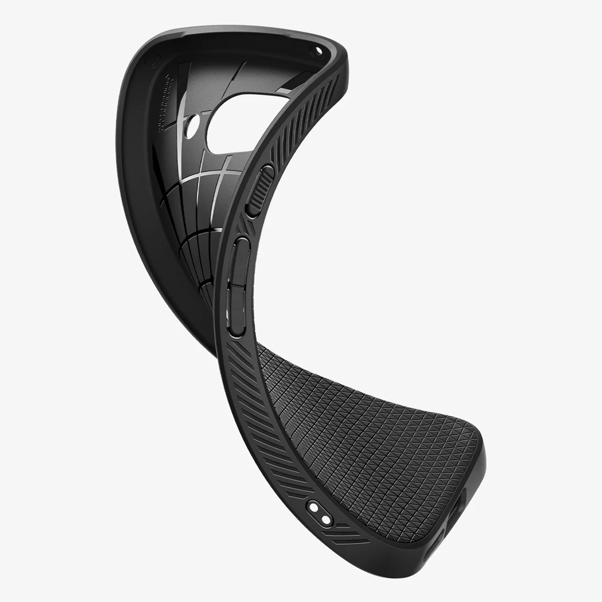 Een flexibele zwarte telefoonhoes is gebogen om het ontwerp aan de binnenkant te laten zien, tegen een effen witte achtergrond.