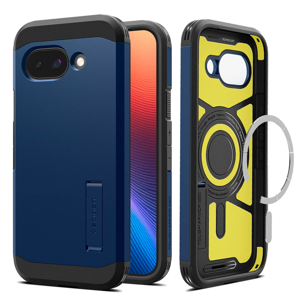 Drei Handyhüllen in Schwarz und Blau, die Design und Funktionen auf einem weißen Hintergrund präsentieren.