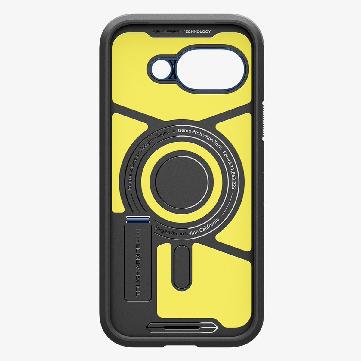 Eine gelb-schwarze Handyhülle mit kreisförmigem Design wird vor einem weißen Hintergrund gezeigt.