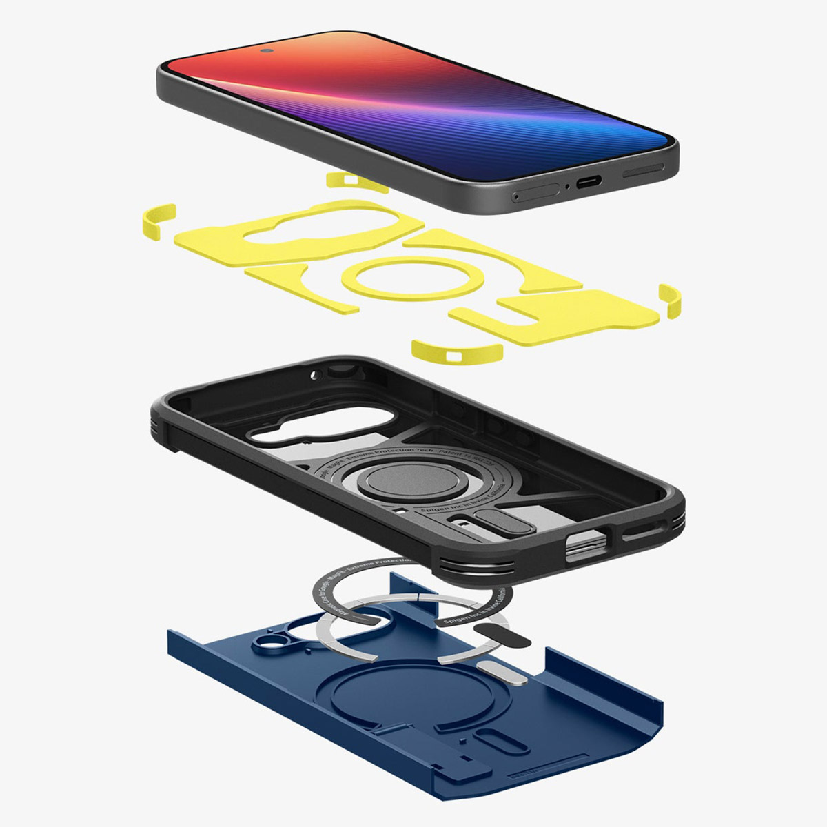 Eine Explosionsansicht zeigt die Komponenten einer Handyhülle, darunter ein Telefon, eine schwarze Hülle und eine blaue Basis.
