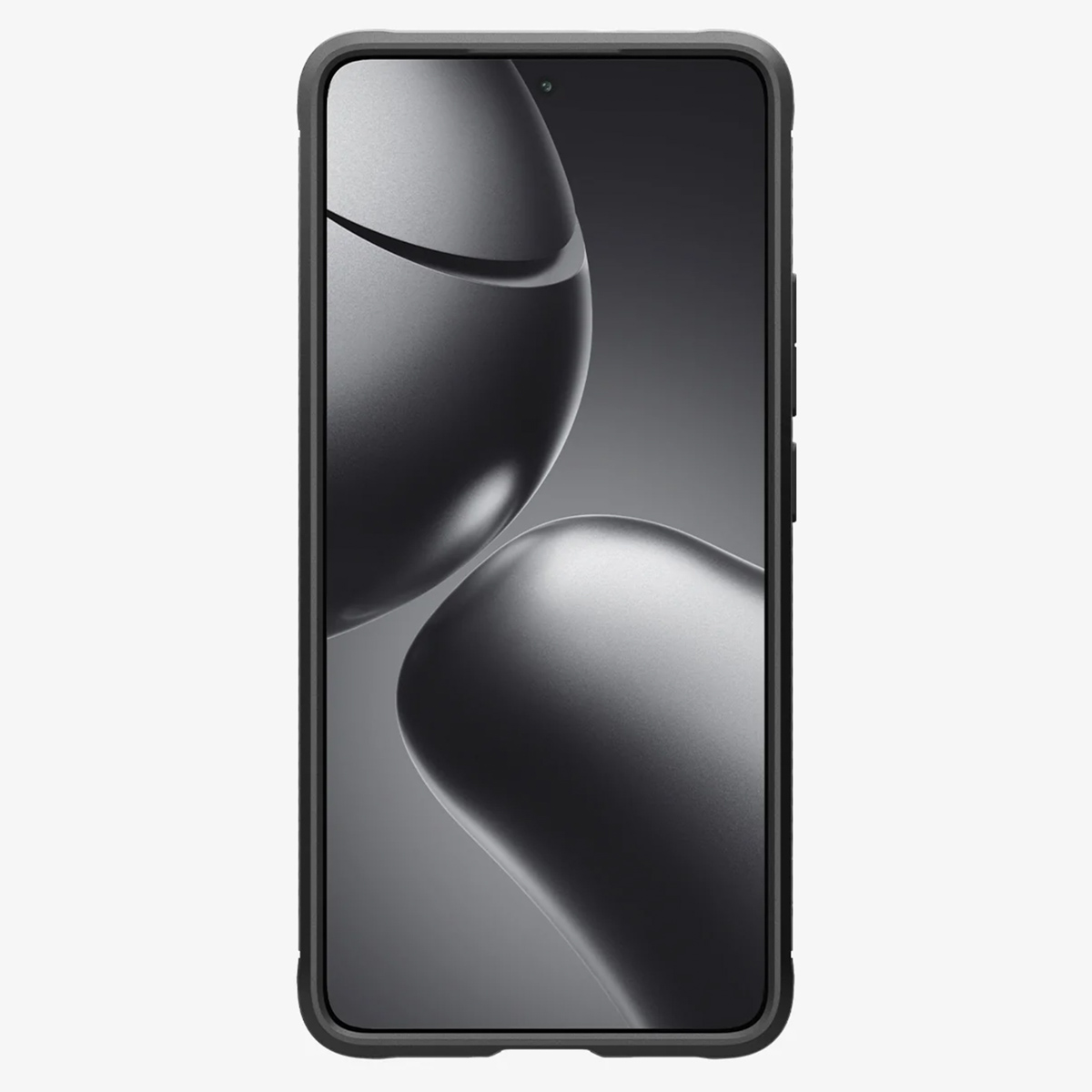 Smartphone con custodia nera che mostra un design astratto grigio sullo schermo.