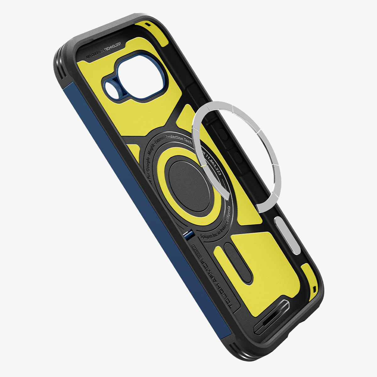Eine blau-gelbe Handyhülle mit einem schwarzen Magnetring wird auf einem weißen Hintergrund gezeigt.