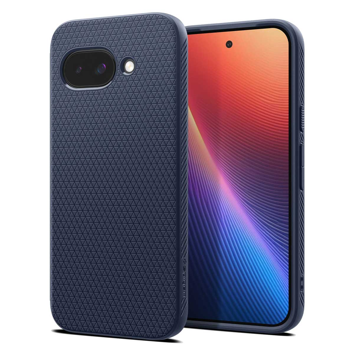 Een telefoon met een donkerblauwe getextureerde hoes staat naast een andere telefoon met een kleurrijk scherm.