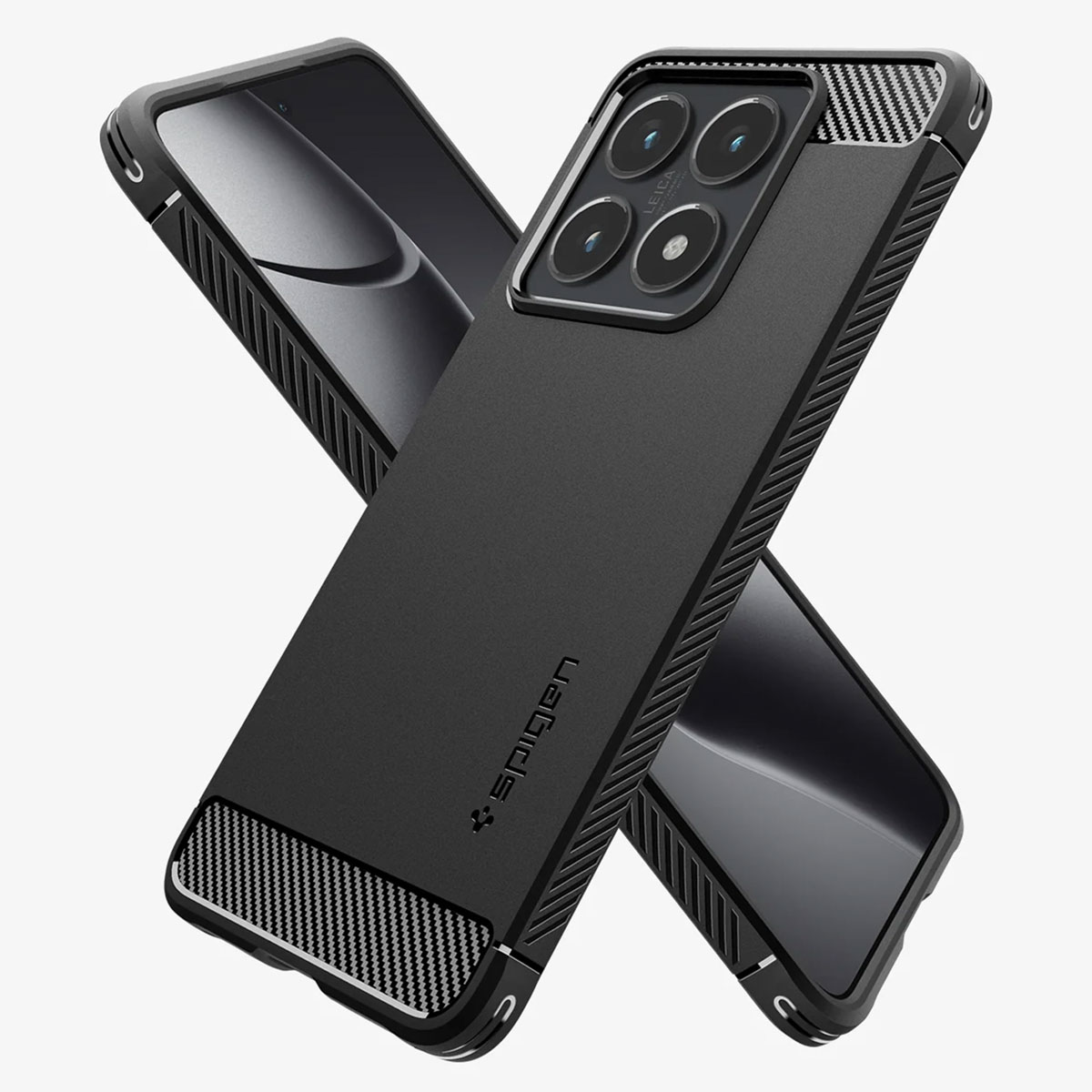 Due telefoni con custodie nere sono incrociati su uno sfondo bianco, mostrando gli obiettivi della fotocamera.