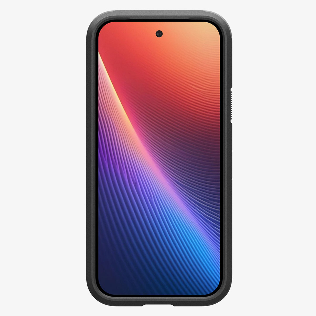 Smartphone in einer schwarzen Schutzhülle zeigt ein abstraktes, farbenfrohes Hintergrundbild auf dem Bildschirm.