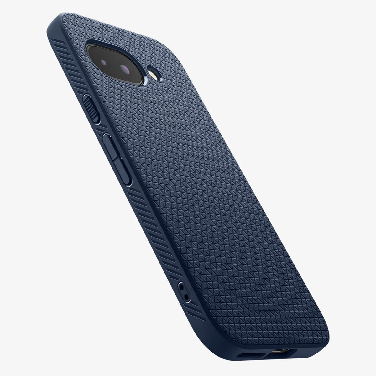 Donkerblauwe telefoonhoes met een gestructureerd oppervlak, die de cameralens en de zijknoppen laat zien.