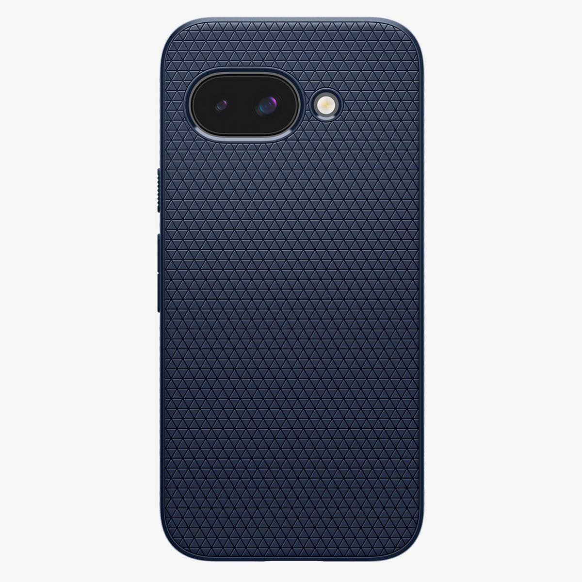 Een donkerblauw telefoonhoesje met een gestructureerd patroon bedekt de achterkant van de telefoon, de camera is zichtbaar.